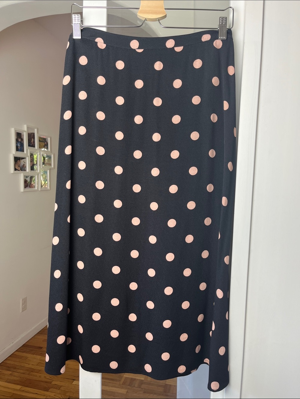 Reformation Black Midi Skirt with Tan Polka Dots